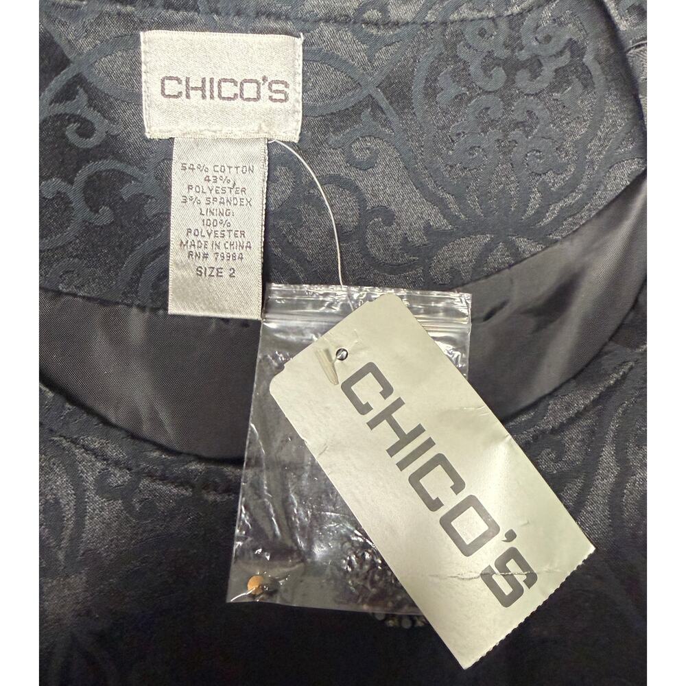 Chico’s Allaro 7/8 Sleeve Jacket Womens Size 2 Black Scroll Pattern Button New - Picture 8 of 11